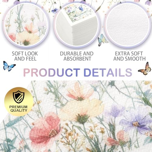 50 Pack Floral Napkins with Built-in Flatware Pocket, Guest Disposable Wild Flower Hand Towels Dinner Napkins for Wedding Birthday Party Baby Shower