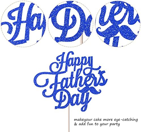 Rsstarxi 1 Pack Happy Father's Day Cake Topper with Dark Blue Glitter Moustache Love Father Super Dad Cake Pick Best Day Ever Cake Decorations for Happy Father's Day Theme Dad Birthday Party Supplies