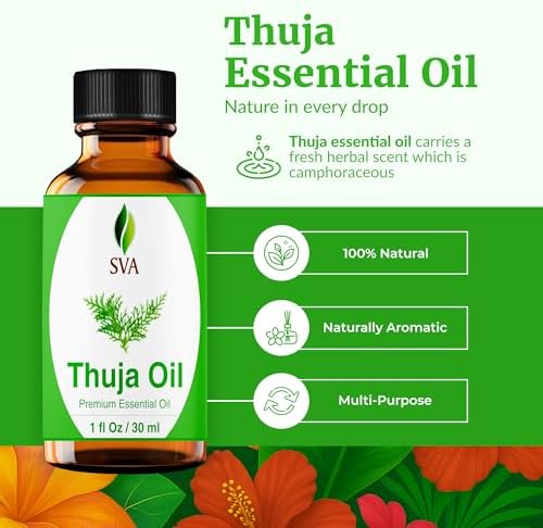 SVA Thuja Essential Oil – 1 Fl Oz – 100% Natural Thuja Oil - for Diffuser, Hair Care, Face, Skin Care, Aromatherapy, Scalp and Body Massage, Soap and Candle Making - with Dropper