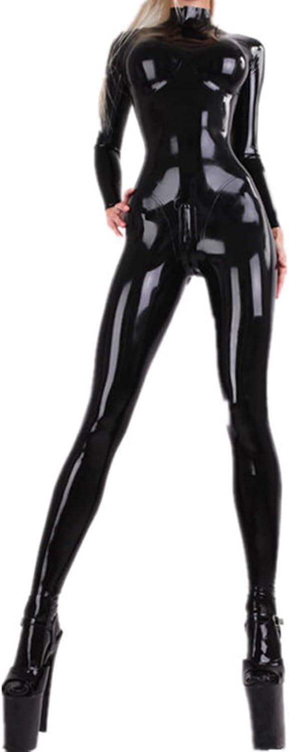 LESOYA Women's Sexy Latex Catsuit Shiny Wetlook PVC Leather Skinny Zipper Crotch Bodysuit Jumpsuit Clubwear
