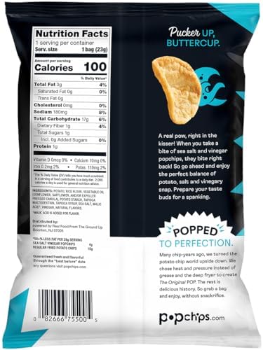 Popchips Potato Chips, Sea Salt & Vinegar, 12ct Single Serve 0.8oz Bags, Low-Calorie, Gluten Free, Salty Snacks for Adults and Children, Non-GMO, Vegan & Kosher Friendly, 100 Calories Per Bag