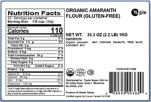 Yupik Organic Amaranth Flour 2.2 lb (35.2 oz), USDA Certified, Gluten-Free, Non-GMO, Vegan, Kosher, Finely Milled Nutty Flour, Non-Flavoured, Ideal for Baking & Cooking