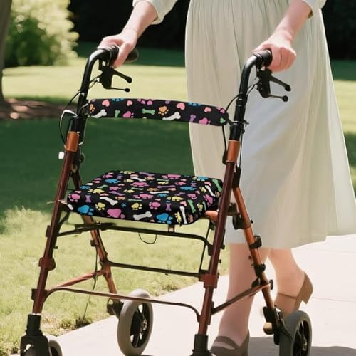 Cute Dog Paw Prints Rollator Walker with Seat Protection Cover Set Rollator Walker Seat and Backrest Covers for Seniors in Assisted Living Handle Covers for Rollator Walkers
