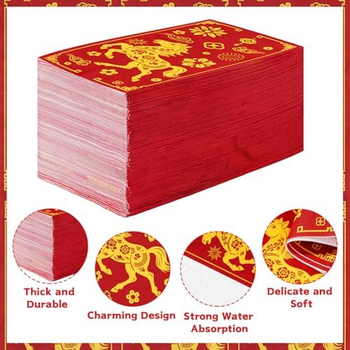 100Pcs Chinese New Year 2026 Paper Napkins 3 Ply Red Gold Foil Horse Disposable Absorbent Hand Towels Year of the Horse Guest Napkins for Spring Festival Luncheon Dinner Bathroom Supplies Table Decor