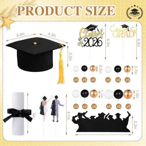 Geelin 68 Pcs Graduation Cake Toppers Class of 2026 Congrats Grad Cake Decorations Graduation Cap Diploma Tassel Hat Topper Balls Acrylic Grad Cupcake Decor Party Supplies(Black and Gold)