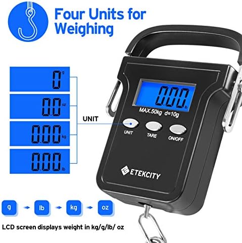 Etekcity Fishing Scale with Backlit LCD Display, 110lb/50kg Digital Electronic Hanging Hook Scale with Batteries and Carry Pouch Included, Black, Non-Slip Handle