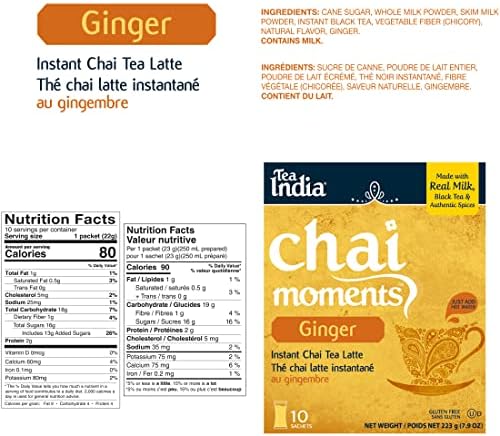 Tea India Chai Moments Ginger Chai Tea Instant Latte Mix Flavorful Blend Of Premium Black Tea, Ginger & Natural Ingredients Traditional Indian Caffeinated Tea Individually Wrapped 10 Sachets Pack of 6