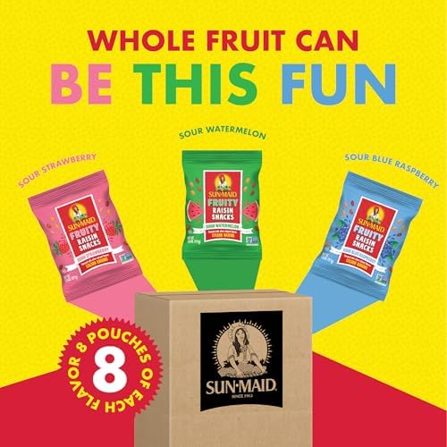 Sun-Maid Fruity Raisin Snack Variety Pack - Sour Strawberry, Watermelon & Blue Raspberry - (24 Pack) 1.33 oz Pouches