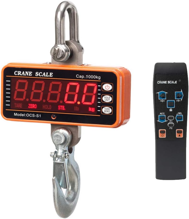 iDili 1000KG 2000LBS 1T Aluminum Digital Crane Scale Heavy Duty Compact Hanging Scale OCS-S1 Smart Type LED Display 0.5kg, with Remote Control (OCS-S1 Orange)