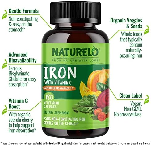 NATURELO Vegan Iron Supplement with Vitamin C and Organic Whole Foods - Gentle Iron Pills for Women & Men with Iron Deficiency Including Pregnancy, Anemia and Vegan Diets - 180 Mini Capsules