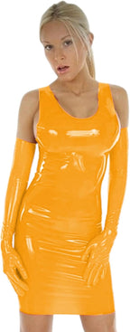 Plus Size PVC Mini Tank Dress Sexy PU Patent Leather Sheath Dress Mini Low Cut Slim Latex Nightclub Dresses with Gloves,Yellow,L
