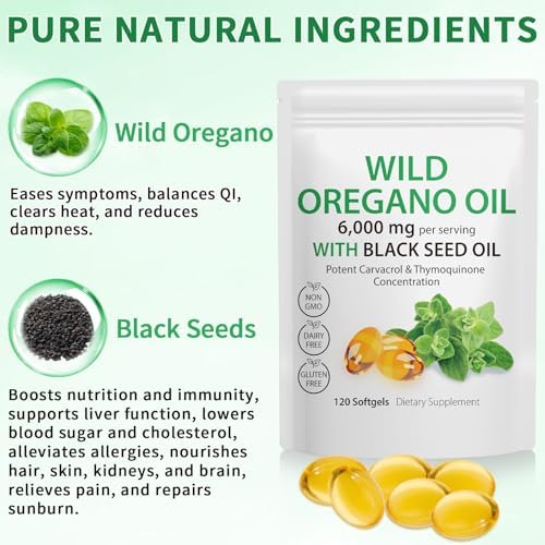 Oil of Oregano Softgels,Oregano Oil Capsules Organic,2-in-1 6000mg Oil of Oregano with Black Seed Oil 200mg,Oregano Oil with Black Seed Oil Softgels,120 Softgel Capsules