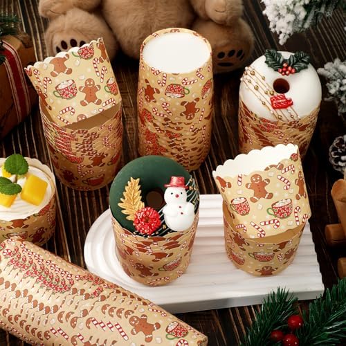 JarThenaAMCS 100Pcs Christmas Baking Cups Gingerbread Man Candy Cane Cupcake Wrappers Brown Red Scalloped Edge Cupcake Muffin Cases for Xmas Winter Dessert Decoration