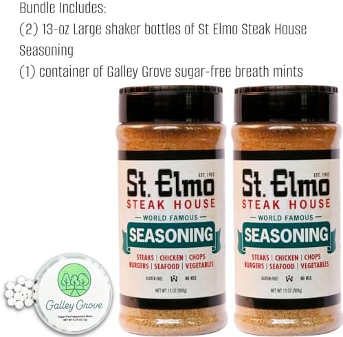 St Elmo Steak House Steakhouse Seasoning Bulk, Extra Large 13 oz Shaker Bottles, 2-Pack (1.63 lb) – Professional-Grade, Restaurant-Style Flavor – with Galley Grove Sugar-Free Breath Mints