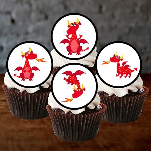 24 Red Dragon Cupcake Toppers, Edible Dragon Birthday Party Decorations, Dragon Cake Topper, Dragon Decorations, Dragons Theme Edible Cupcake Toppers - Stand Up Discs Wafer Cake Decorations