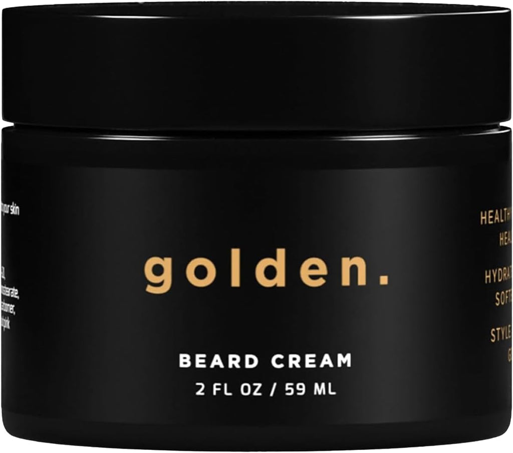 Golden Grooming Beard Cream for Men - Deep Conditioning Leave-In Softener - Infused with Shea Butter, Coconut & Jojoba Oil - Hydrating Moisturizer for Itch Relief & Growth - Signature Scent, 2oz