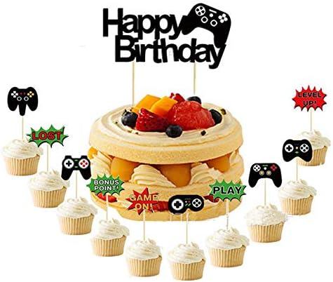 11 Pcs Video Game Happy Birthday Cake Toppers Cupcake Decorations Set Game Controllers Cake Decorations Picks for Man Or Kids Game Themed Birthday Party Supplies