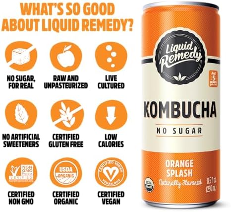 Liquid Remedy Kombucha Sugar Free Organic Drink, Low Calorie, Probiotic Like Tea for Gut Health - Orange Splash - 8.5 Fl Oz Can, 24-Pack
