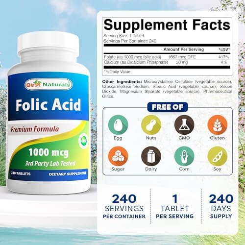 Best Naturals Folic Acid 1000 mcg (Vitamin B9), 240 Tablets