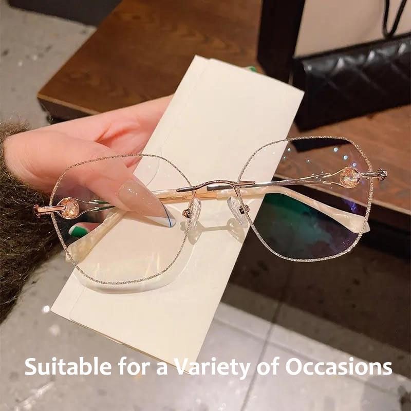 Women's Diamond Rimless Anti-Blue Light Presbyopia Glasses, Ultra Light Frameless Reading Glasses for Women