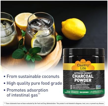 Country Life Activated Coconut Charcoal Powder 500mg – Natural Activated Charcoal for Digestive Health, Gas & Bloating Relief, DIY Uses - Non-GMO, Gluten-Free, Vegan, 5oz Powder