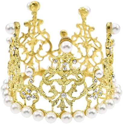 JANOU Crown Tiara Cake Topper Crystal Pearl Children Hair Ornaments for Wedding Birthday Party Cake Decoration (Gold)