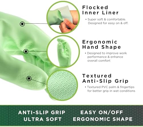 SHOWA 111 Skin-Friendly Dishwashing Gloves, Latex-Free PVC, Reusable Housekeeping Gloves with Cotton Liner, Non-Slip Grip for Kitchen & Gardening, Made in Japan, Medium, 2-Pairs