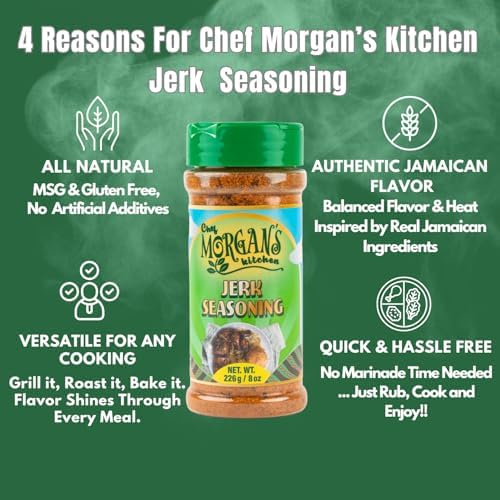 Chef Morgan’s Kitchen Jerk Seasoning – MSG & Gluten Free, 8oz. Authentic Jamaican Spice Blend for Jerk Chicken – Dry Rub for Grilling, Baking & Roasting – All Natural