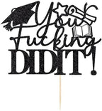 Kaoenla Black Glitter Graduation Cake Topper, "You Did It" Congrats Grad Cake Decorations for Class of 2026, High School College Graduate Party Supplies