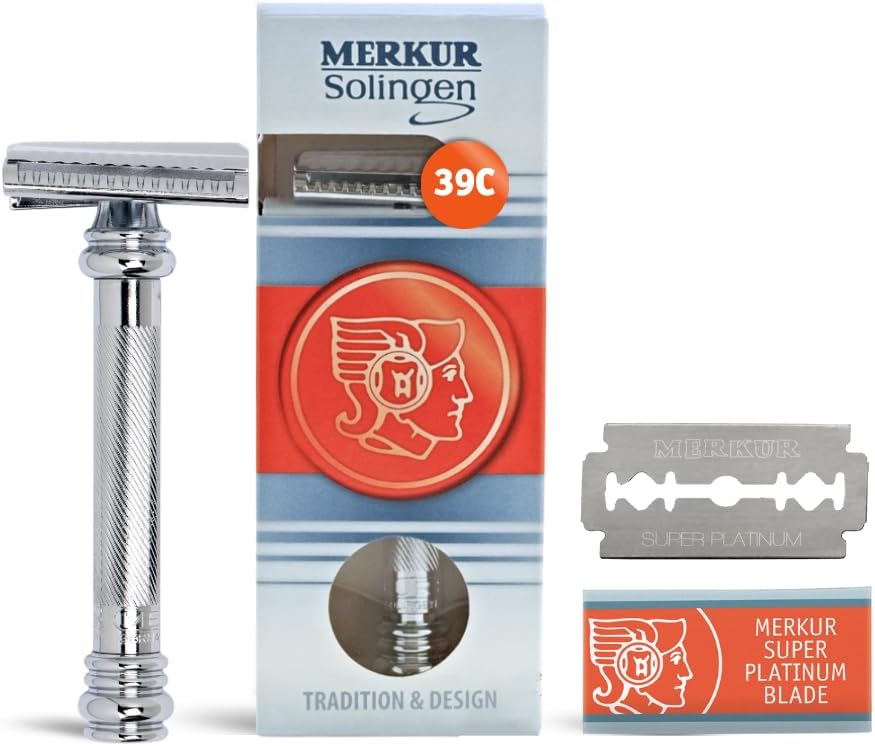 MERKUR 39C Double Edge Safety Razor, Slant Bar Design- Long Handle, Made in Germany, Plastic-Free, Two Piece Design