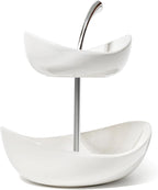 SEVEN SPARTA Double Layer Cherry-Shaped Ceramic Fruit Bowl, 2-Tier Countertop Fruit Basket for Kitchen, Modern Decorative Serving Platter for Fruits, Snacks, Candies (White)