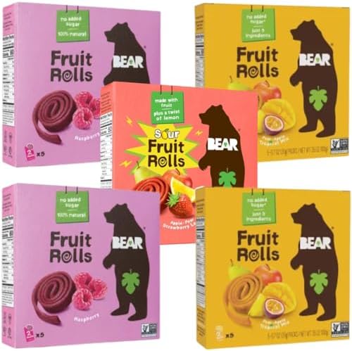 BEAR YoYo Fruit Rolls Variety Pack – 5 Pack Natural Fruit Snacks – Raspberry (2), Pear Apple Tropical Mix (2), Strawberry & Apple (1) – Vegan, Gluten Free, No Added Sugar – Kids Lunchbox Snack