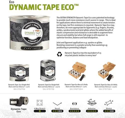 Dynamic Tape Eco - Biomechanical Athletic Tape Made from Recycled Materials | 4 Way Stretch & Stronger Recoil Than Kinesiology Tape | for Sports, Muscle & Joint Load Management | 2" Black/Grey 6pack