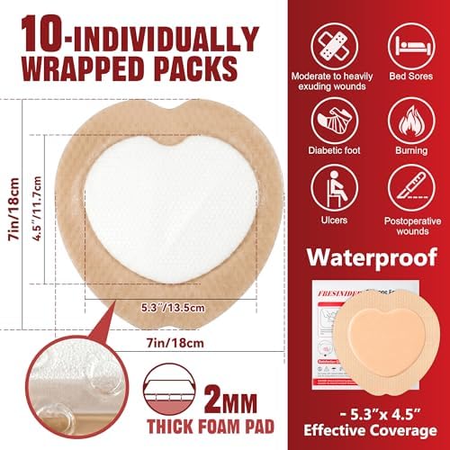 FRESINIDER Sacral Silicone Foam Dressing 7" x 7", 10 Pack, Adhesive Border, Absorbent & Breathable, for Pressure Ulcers, Bed Sores & Wound Care