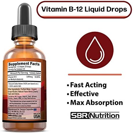SBR Nutrition Vitamin B12 Sublingual Liquid Drops - Methylcobalamin, VIT B 12 Supports Energy, Max Absorption, 3000mcg Per Serving, 60 Servings, Non-GMO, Vegan Friendly, Manufactured in The USA