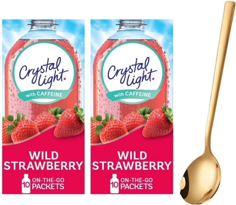 Crystal Light On The Go Drink Mix - Two (2) Pack of 10pck - Sugar-Free, Low-Calorie Refreshment with one Sukkar Pasha Long Golden SS Stirring Spoon (Wild Strawberry)