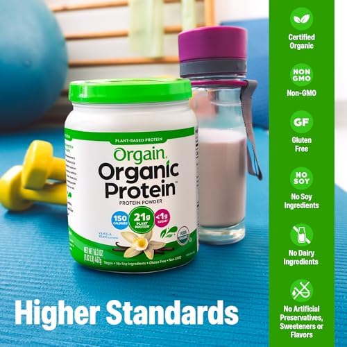 Orgain Organic Vegan Protein Powder, Vanilla Bean - 21g Plant Based Protein, 4g Prebiotic Fiber, No Lactose Ingredients, No Added Sugar, Non-GMO, For Shakes & Smoothies, 1.02 lb (Packaging May Vary)