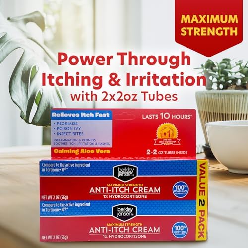Berkley Jensen Maximum Strength Anti-Itch Cream (4 oz.), with Calming Aloe Vera, 1% Hydrocortisone Itch Relief for Eczema, Psoriasis, Bug Bites, Poison Ivy, Oak and Sumac, 2 oz. Tube (Pack of 2)