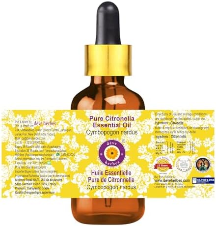 Deve Herbes Pure Citronella Essential Oil (Cymbopogon nardus) with Glass Dropper Steam Distilled 5ml (0.16 oz)