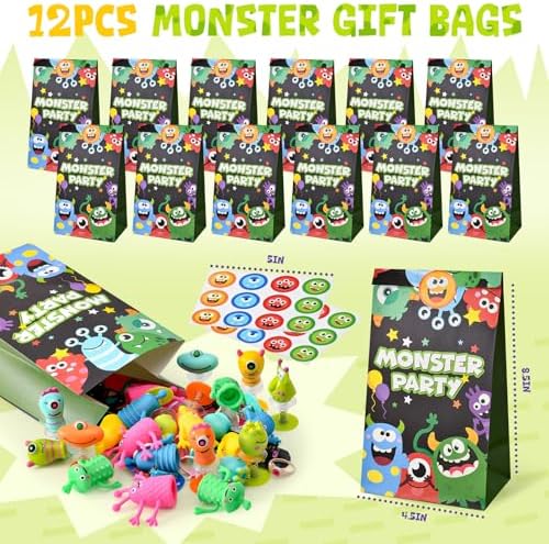 SNLN Monster Party Favors Birthday Supplies Gift Bags Finger Puppets Spring Launchers Toys Monster Big Eye Ring Slap Bracelets Tattoo Stickers Inc, Monsters Party Decorations Birthday Favors for Kids