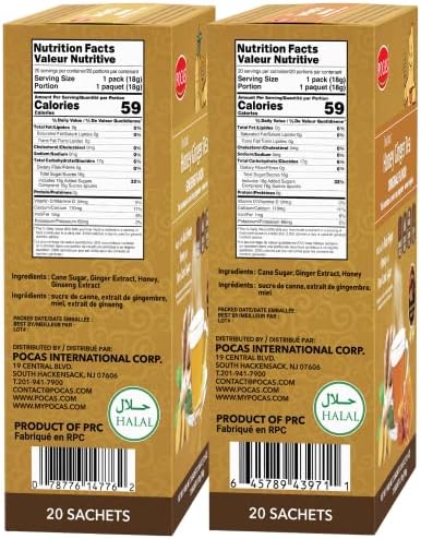 Pocas Honey Ginger Instant Tea Powder, Original & Ginseng Variety 2-Pack, Ginger Extract & Real Honey, Caffeine-Free Tea, 20 Packets per Box