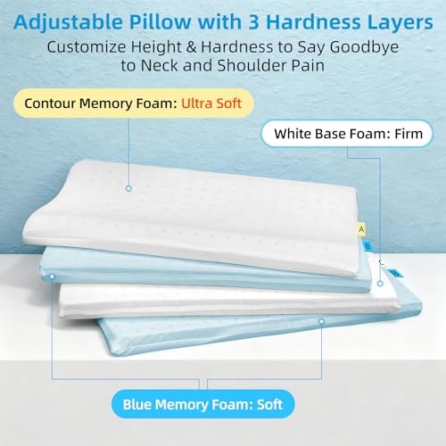 Contour Pillow with Softer Neck Support - Adjustable Softness Cervical Neck Pillow for Ideal Support, 4 Layers Contour Pillow for All Sleepers, Ergonomic Side Sleeper Pillow for Less Neck Pain