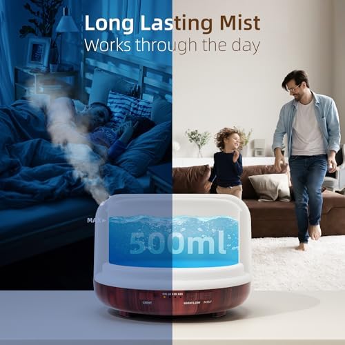 ASAKUKI Essential Oil Diffuser for Home, 500ML Aromatherapy Diffuser Humidifier with Remote Control, 7 Color LED Lights, Quiet Cool Mist Diffuser for Bedroom, Office, Gift for Mom (Reddish-Brown)