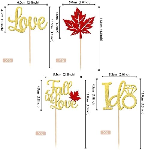 24 PCS Fall in Love Cupcake Toppers Glitter Maple Leaves Love I Do Cupcake Picks Fall Theme Wedding Cake Decorations for Bridal Shower Engagement Thanksgiving Birthday Party Supplies
