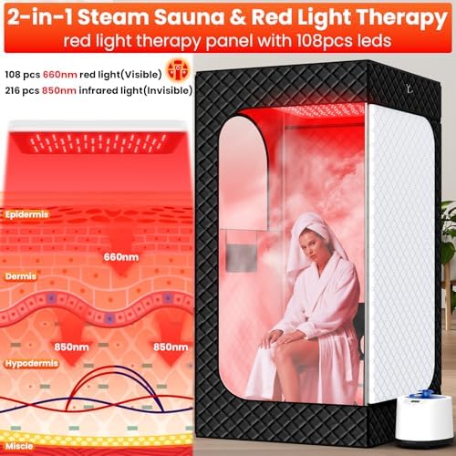 Portable Infrared Sauna Box for Home, Full Body Steam Sauna Tent with 660nm & 850nm Red Light Therapy Lamp, 3L 1200W Fast-Heating Steamer, Adjustable Temp & Remote Control for Relaxation, Detox