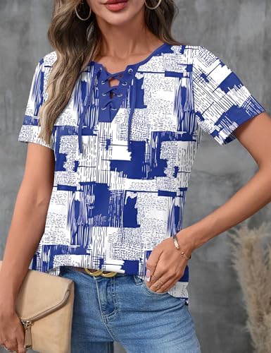 LOMON Womens Criss Cross Short Sleeve T-Shirts V-Neck Floral Summer Blouse Tops