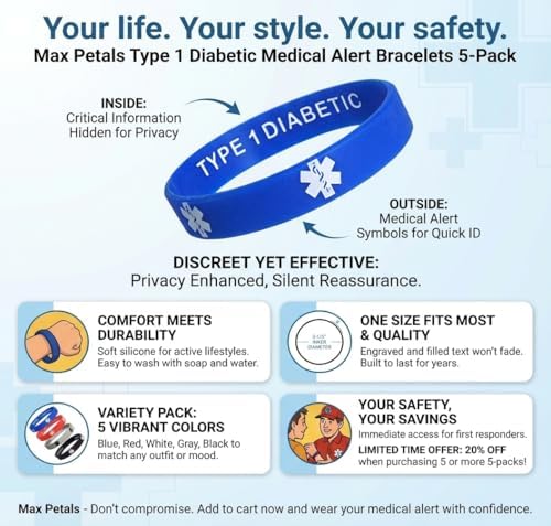 Type 1 Diabetic Insulin Dependent Medical Alert ID Privacy Enhanced Silicone Bracelets Wristbands 5 Pack