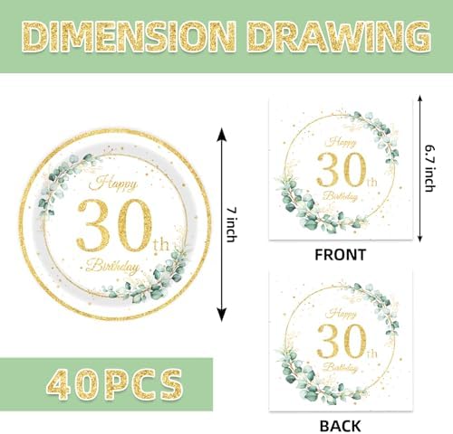 40Pcs Sege Greenery 30th Birthday Decorations for Her Him Eucalyptus-themed Plates and Napkins Set Party Supplies Disposable Sage Tableware for Men Women Happy 30th Birthday Decorations