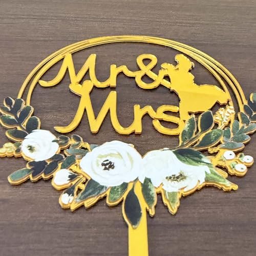 Wedding Cake Topper, Mirror Gold Acrylic Mr & Mrs Design with Floral Wreath, Decorative Celebration Accessory
