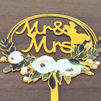 Wedding Cake Topper, Mirror Gold Acrylic Mr & Mrs Design with Floral Wreath, Decorative Celebration Accessory